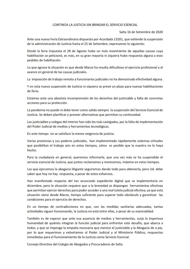 PRONUNCIAMIENTO CONTINÚA LA JUSTICIA SIN BRINDAR EL SERVICIO ESENCIAL