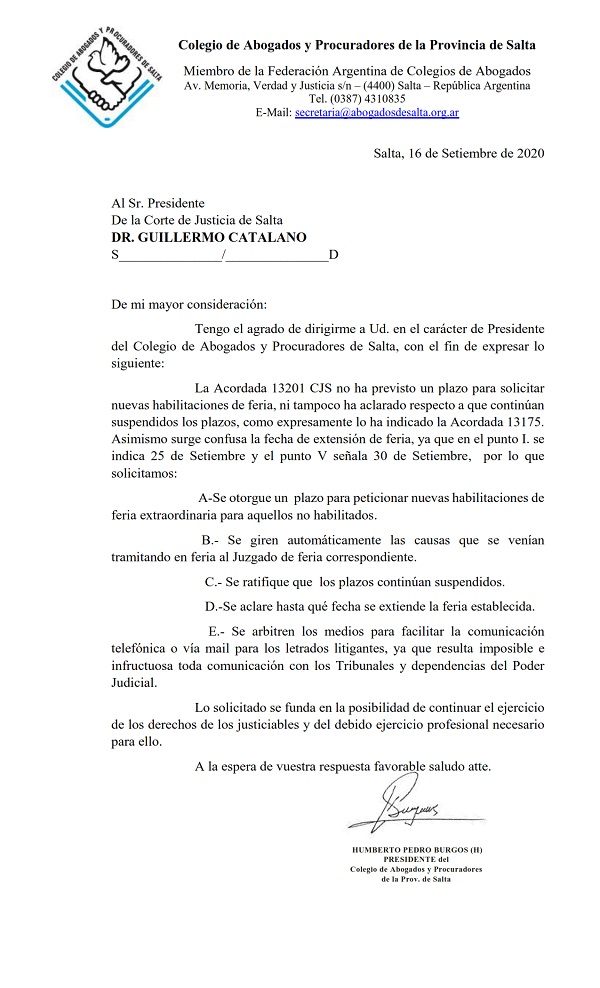 EL COLEGIO PIDIO A LA CORTE ACLARACIONES A LA ACORADADA 13201 Y PLAZO HABILITACION NUEVAS CAUSAS