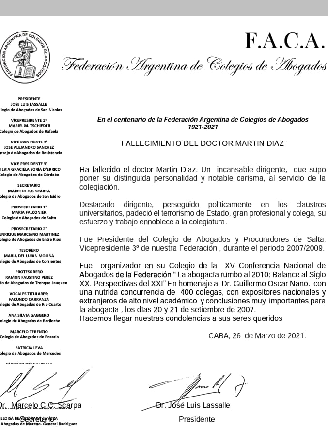 FALLECIMIENTO DR MARTÍN DÍAZ DECLARACION FACA