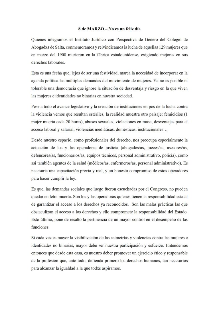 DIA INTERNACIONAL DE LA MUJER – PRONUNCIAMIENTO INSTITUTO JURIDICO CON PERSPECTIVA DE GENERO