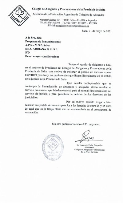 COLEGIO REITERA PEDIDO VACUNAS CONTRA COVID 19