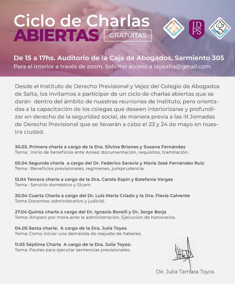 CICLO DE CHARLAS ABIERTAS – INST. DE DERECHO PREVISIONAL Y VEJEZ DEL COLEGIO DE ABOGADOS Y PROCURADORES DE SALTA