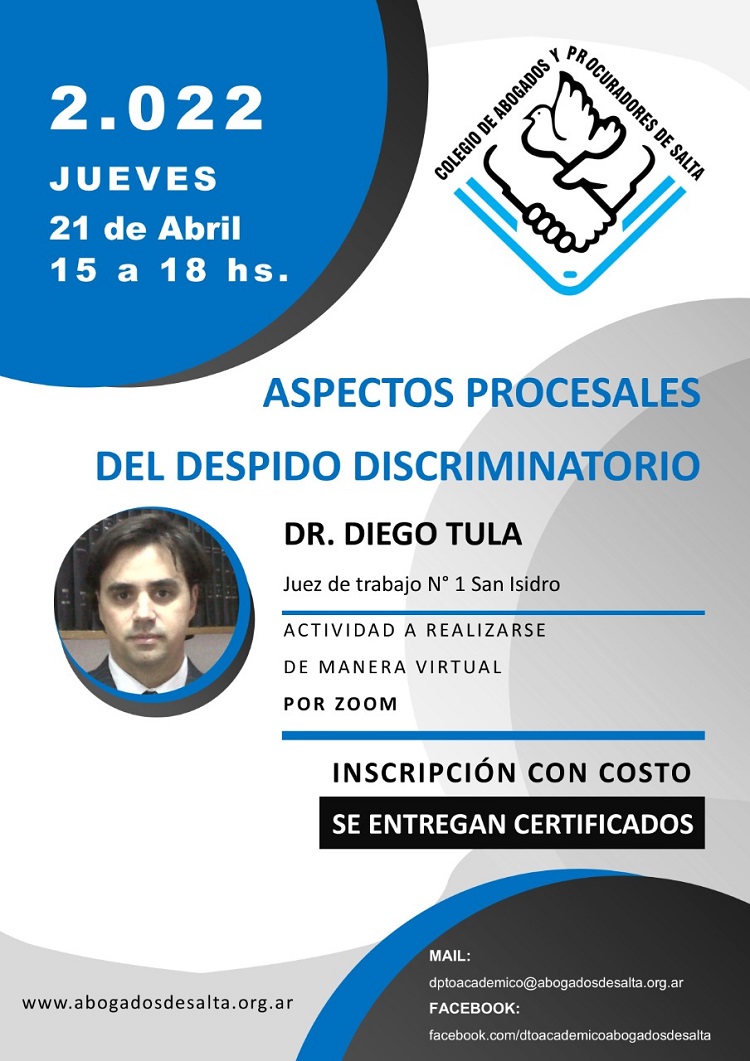🗓️ JUEVES 21 DE ABRIL DE 2022 – 15 HS.📚 ASPECTOS PROCESALES DEL DESPIDO DISCRIMINATORIO