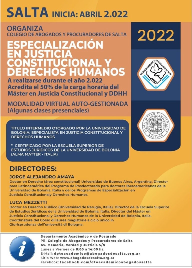 📚 PRÓRROGA HASTA EL 15 DE ABRIL DE LAS INSCRIPCIONES A LA ESPECIALIZACIÓN EN JUSTICIA CONSTITUCIONAL Y DERECHOS HUMANOS – NUEVAS BONIFICACIONES!!!