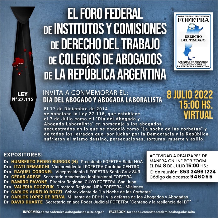 Conmemoración de FOFETRA “La Noche de las Corbatas”.8 Julio 15 hs.